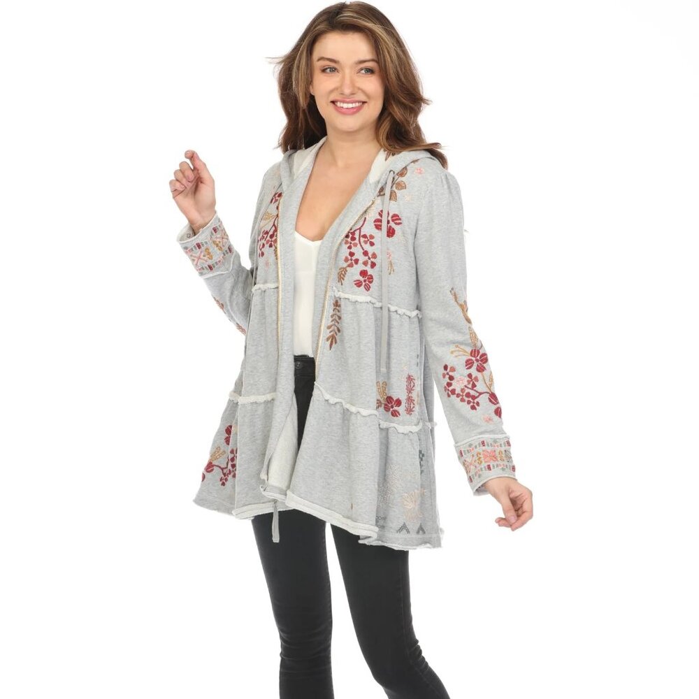 Johnny Was R49423 Zuzu Tiered Embroidered Boho-chic Birds Long Hoodie Jacket